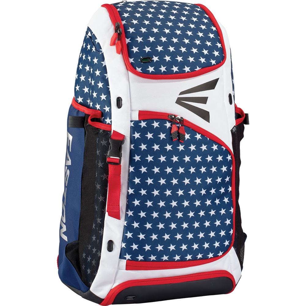 The Easton E610 Catcher's Backpack (E610CBP CATBP) features a blue background with white stars, red and white accents, black mesh side pockets, and a prominent Easton logo on the front.