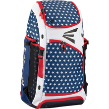 The Easton E610 Catcher's Backpack (E610CBP CATBP) features a blue background with white stars, red and white accents, black mesh side pockets, and a prominent Easton logo on the front.