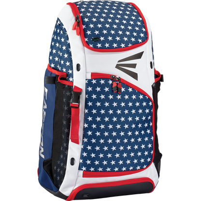 The Easton E610 Catcher's Backpack (E610CBP CATBP) features a blue background with white stars, red and white accents, black mesh side pockets, and a prominent Easton logo on the front.