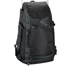 The Easton E610 Catcher's Backpack (E610CBP CATBP) by Easton is a spacious black bag with multiple zippered compartments, mesh side pockets, and an angular front design—perfect for baseball or catcher’s gear—shown upright against a white background.