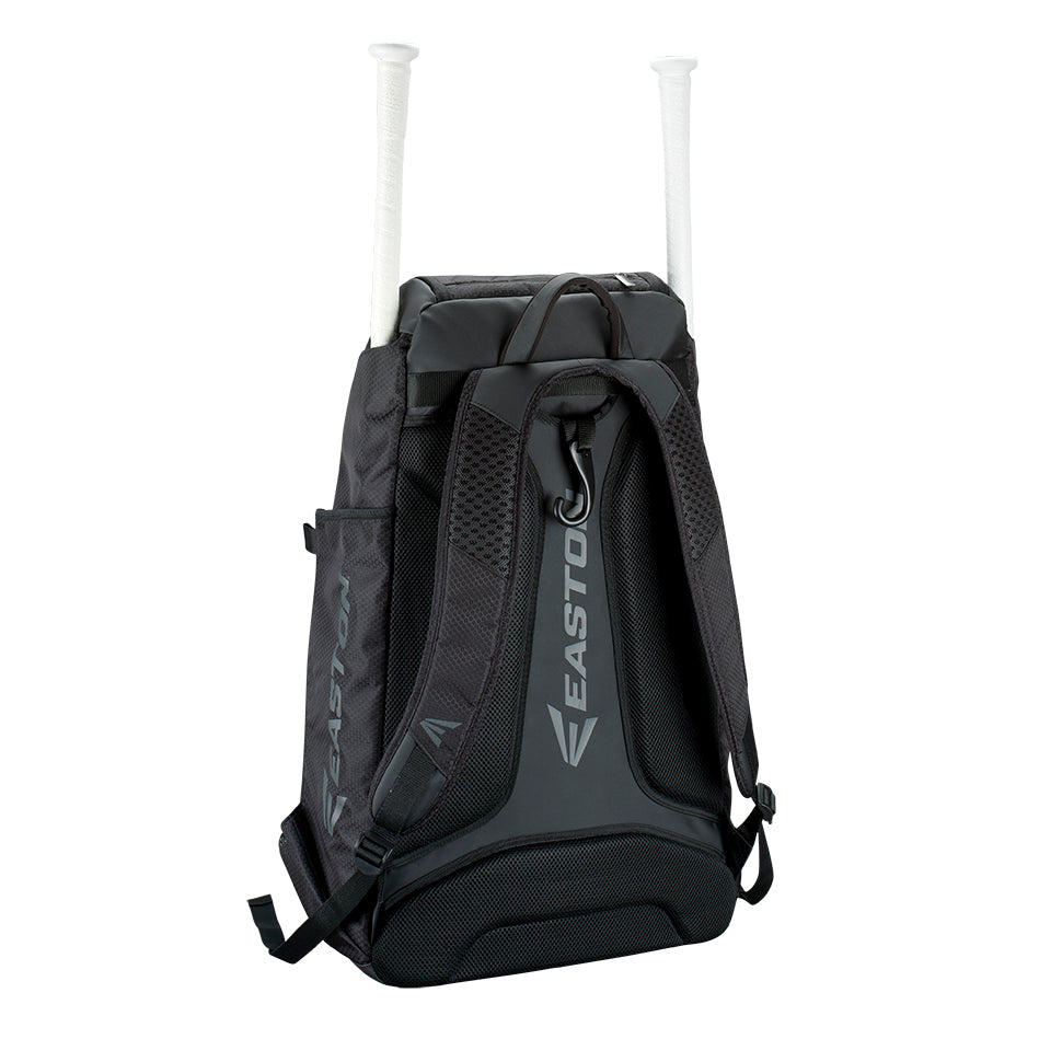 The Easton E610 Catcher's Backpack (E610CBP CATBP) features vertical bat sleeves, padded straps, a mesh back panel, and Easton branding—making it a versatile gear bag for baseball players.