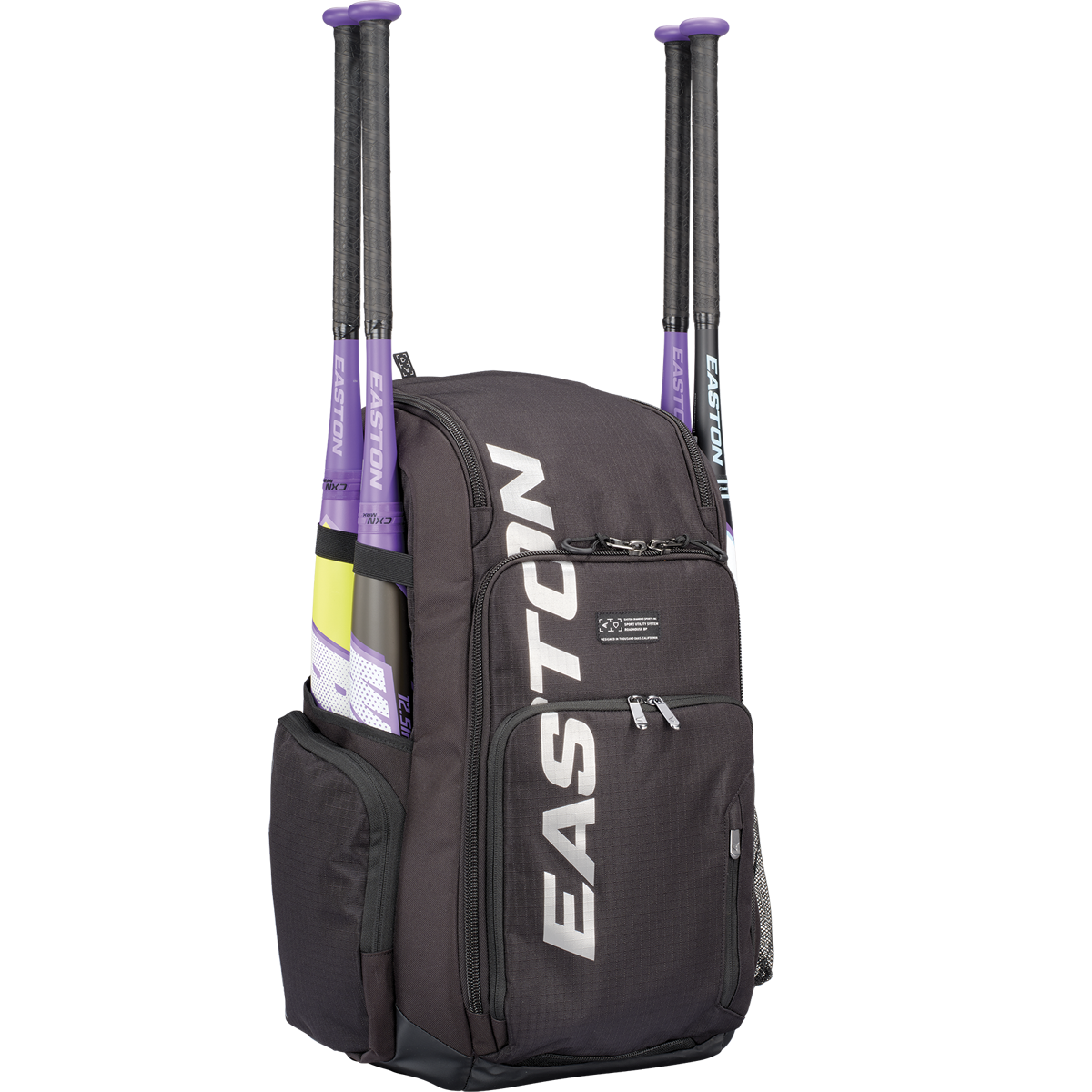 The Easton Roadhouse Backpack (EBA004) by Easton is a black baseball/softball bag featuring bold purple bat holders—perfect for players wanting a standout slowpitch gear option.