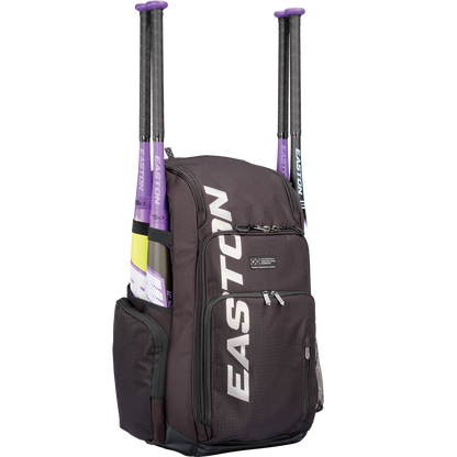 The Easton Roadhouse Backpack (EBA004) by Easton is a black baseball/softball bag featuring bold purple bat holders—perfect for players wanting a standout slowpitch gear option.