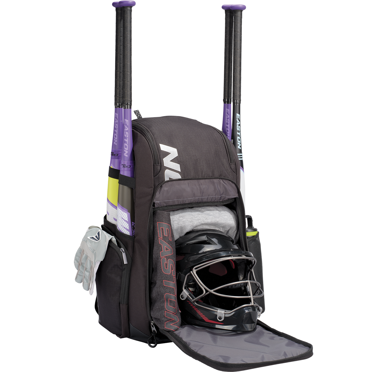 The Easton Roadhouse Backpack: EBA004 is shown in black, with two purple bats, gloves in the side pocket, a helmet with face guard, and a gray shirt in the main compartment—your perfect Easton slowpitch bat bag.