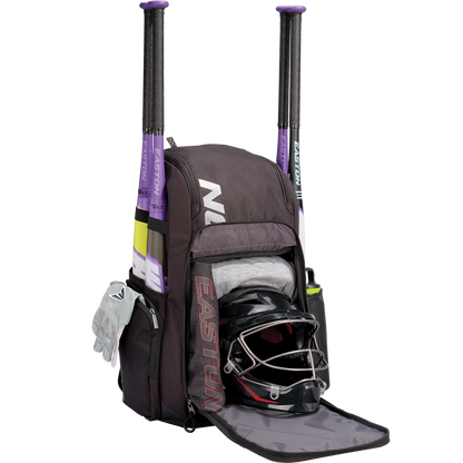 The Easton Roadhouse Backpack: EBA004 is shown in black, with two purple bats, gloves in the side pocket, a helmet with face guard, and a gray shirt in the main compartment—your perfect Easton slowpitch bat bag.