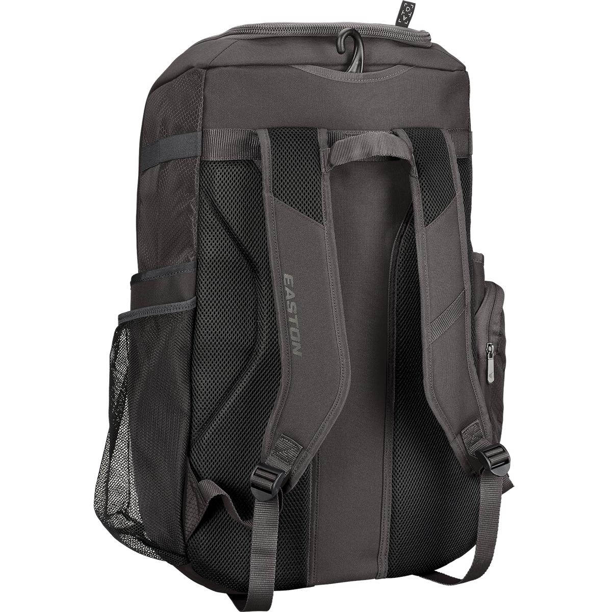 The Easton Roadhouse Backpack: EBA004 is a gray baseball/softball backpack with black mesh side pockets, adjustable padded shoulder straps, and a small zippered side pocket—shown from the back.