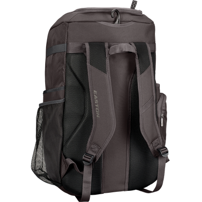 The Easton Roadhouse Backpack: EBA004 is a gray baseball/softball backpack with black mesh side pockets, adjustable padded shoulder straps, and a small zippered side pocket—shown from the back.