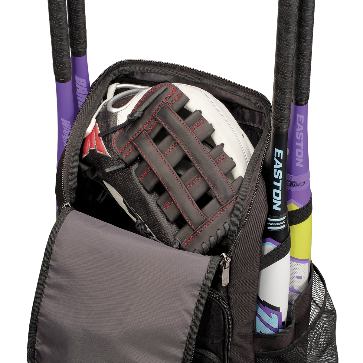 An open Easton Roadhouse Backpack (EBA004) reveals a black and white baseball glove inside, with three colorful bats sticking out of its compartments.