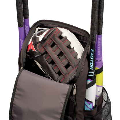 An open Easton Roadhouse Backpack (EBA004) reveals a black and white baseball glove inside, with three colorful bats sticking out of its compartments.