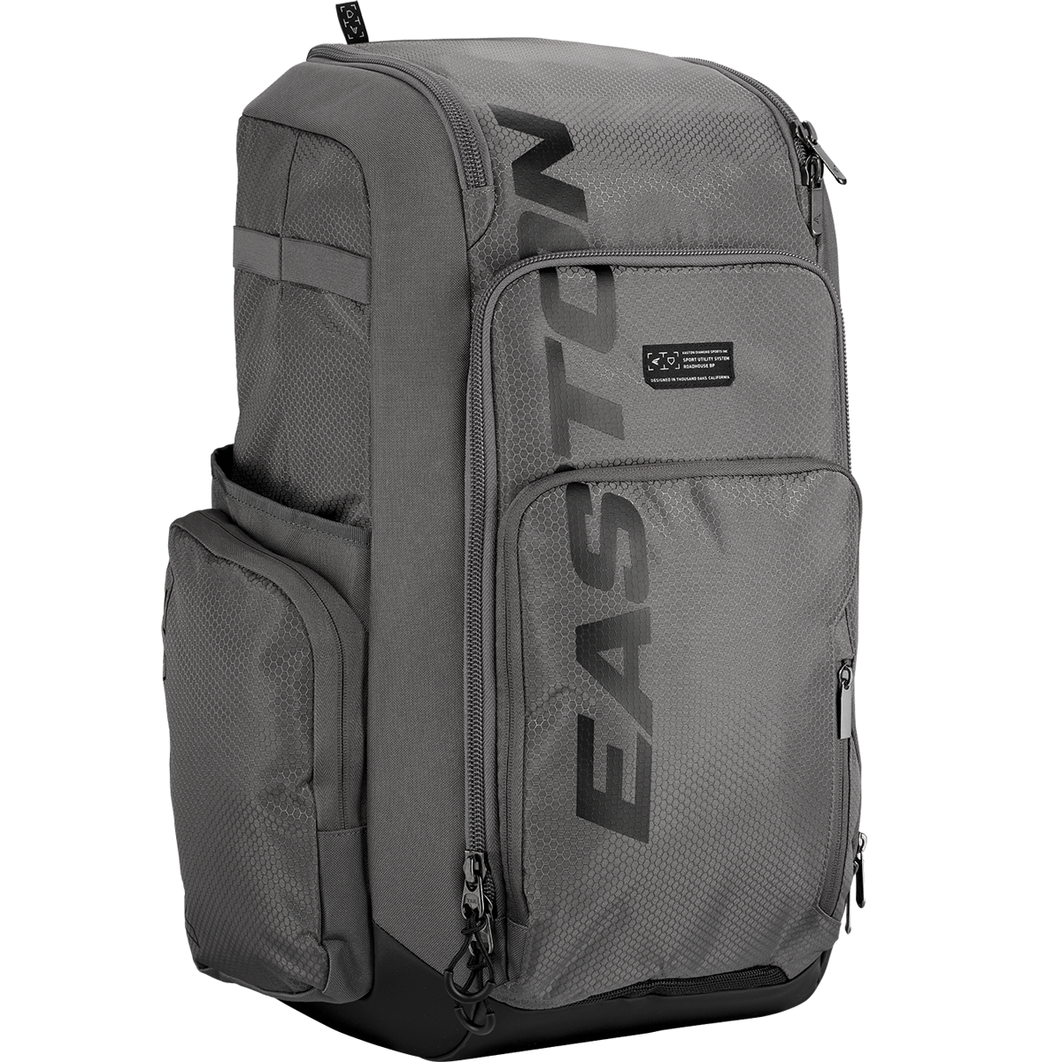 The Easton Roadhouse Backpack (EBA004) by Easton is a gray slowpitch backpack with multiple zippered compartments, side pockets, and "EASTON" printed vertically in black—ideal as a baseball or softball backpack.