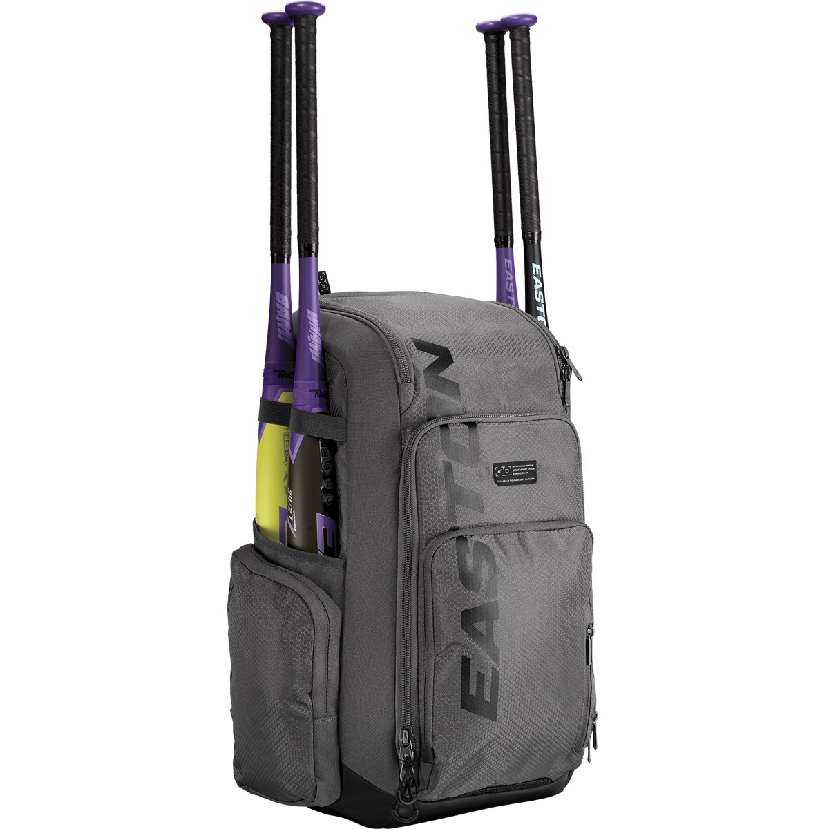 A gray Easton Roadhouse Backpack: EBA004 holds two purple and black baseball bats in side pockets, featuring multiple zippered compartments. The EASTON brand name is printed vertically on the front of this versatile bat bag.