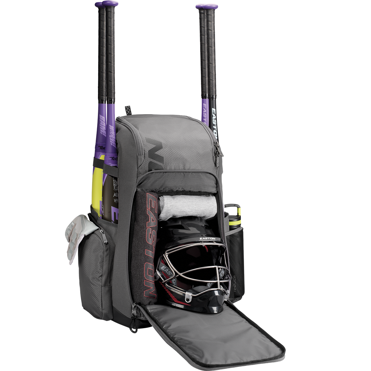 An Easton Roadhouse Backpack (EBA004) by Easton, packed with baseball bats and a helmet inside.