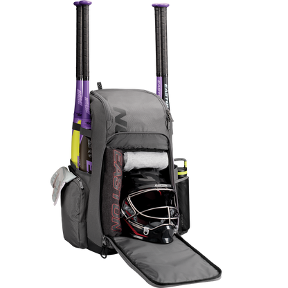 An Easton Roadhouse Backpack (EBA004) by Easton, packed with baseball bats and a helmet inside.