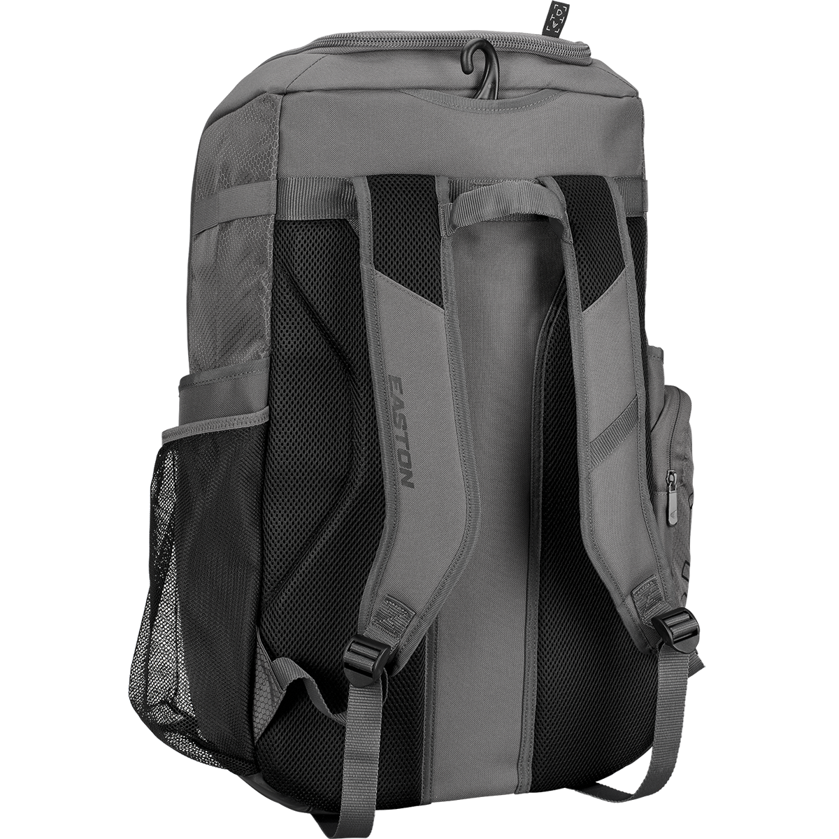 The Easton Roadhouse Backpack: EBA004 by Easton is shown from the back, featuring padded shoulder straps, mesh side pockets, and a small side zippered pocket. Its durable fabric and simple, functional design stand out.