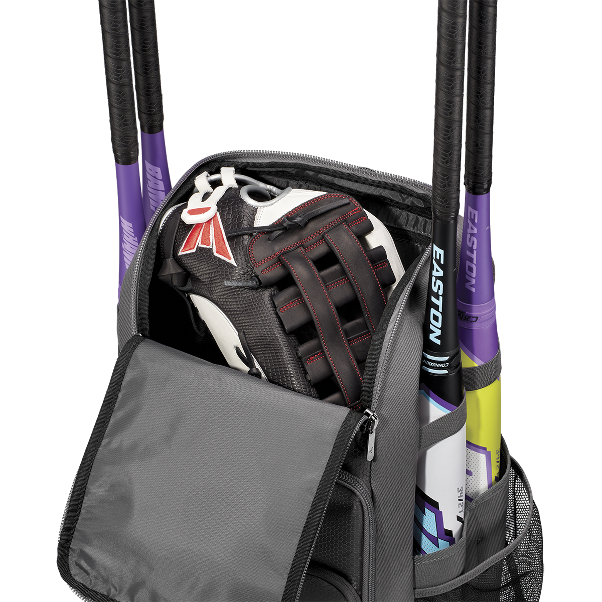 The Easton Roadhouse Backpack (EBA004) by Easton features an open main compartment showing a black baseball glove inside and holds three bats with colorful handles in side holders, making it the ideal slowpitch bat bag for any game.