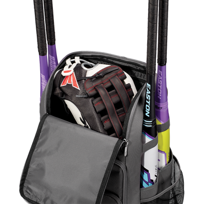 The Easton Roadhouse Backpack (EBA004) by Easton features an open main compartment showing a black baseball glove inside and holds three bats with colorful handles in side holders, making it the ideal slowpitch bat bag for any game.