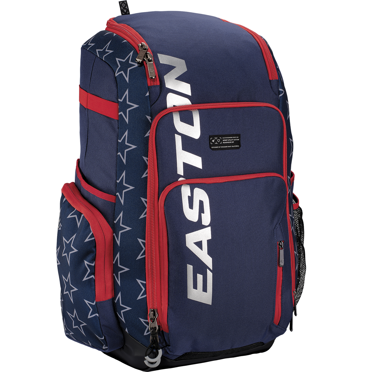 The Easton Roadhouse Backpack (EBA004) by Easton features navy blue and red colors, white star patterns, "EASTON" in silver on the front pocket, plus multiple compartments and side pockets for baseball or softball gear.