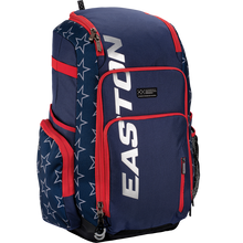 The Easton Roadhouse Backpack (EBA004) by Easton features navy blue and red colors, white star patterns, "EASTON" in silver on the front pocket, plus multiple compartments and side pockets for baseball or softball gear.