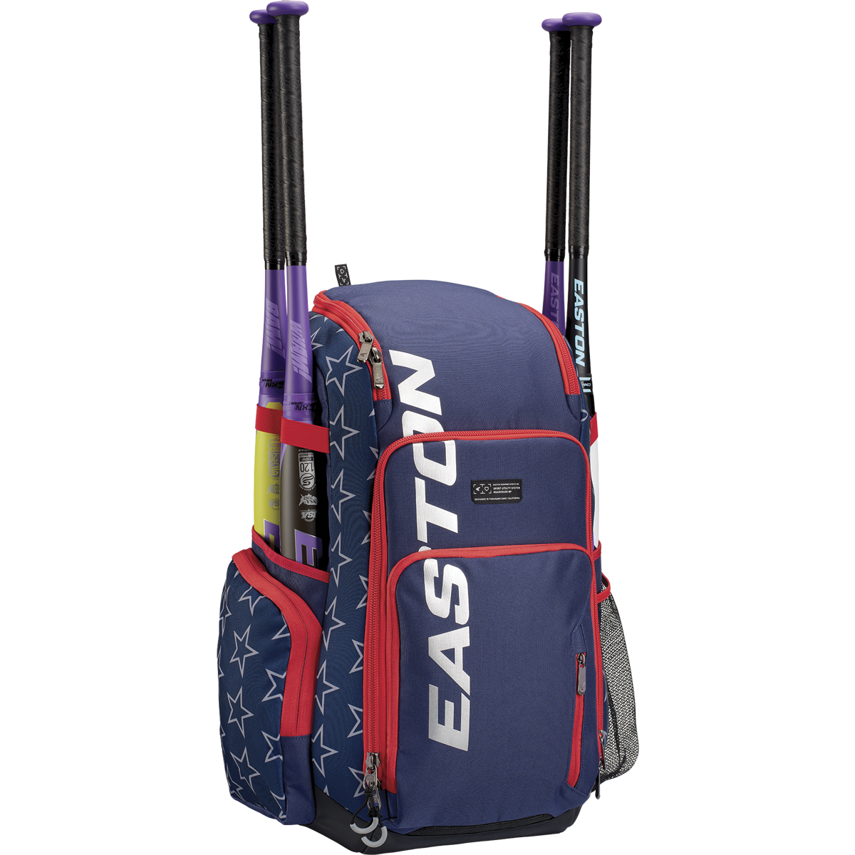 An Easton Roadhouse Backpack (EBA004) in blue and red with white stars on the side pocket, featuring two purple and black slowpitch bats in holders, and a mesh water bottle pocket on the right side.