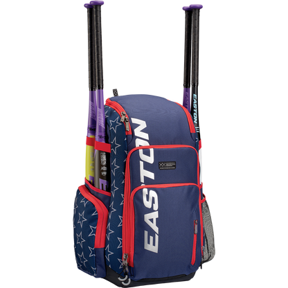 An Easton Roadhouse Backpack (EBA004) in blue and red with white stars on the side pocket, featuring two purple and black slowpitch bats in holders, and a mesh water bottle pocket on the right side.