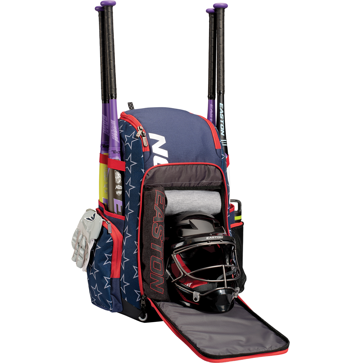 The Easton Roadhouse Backpack (EBA004) by Easton features a navy blue and red design with white stars, holds two bats, has a helmet and towel in the front pocket, and stores white gloves in the side pocket.