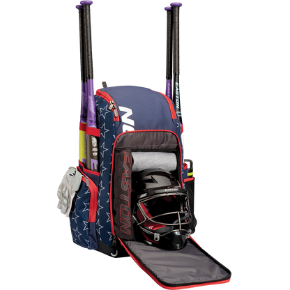 The Easton Roadhouse Backpack (EBA004) by Easton features a navy blue and red design with white stars, holds two bats, has a helmet and towel in the front pocket, and stores white gloves in the side pocket.