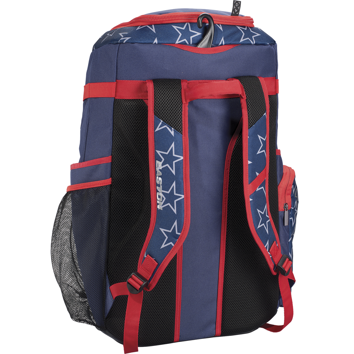 The Easton Roadhouse Backpack: EBA004 by Easton is a blue baseball/softball backpack with red straps and star pattern. It has a padded black mesh back, mesh side pockets, a zippered side pocket, and top handle—ideal for your gear.