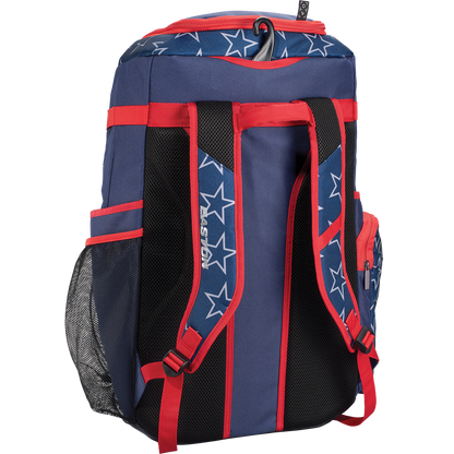 The Easton Roadhouse Backpack: EBA004 by Easton is a blue baseball/softball backpack with red straps and star pattern. It has a padded black mesh back, mesh side pockets, a zippered side pocket, and top handle—ideal for your gear.