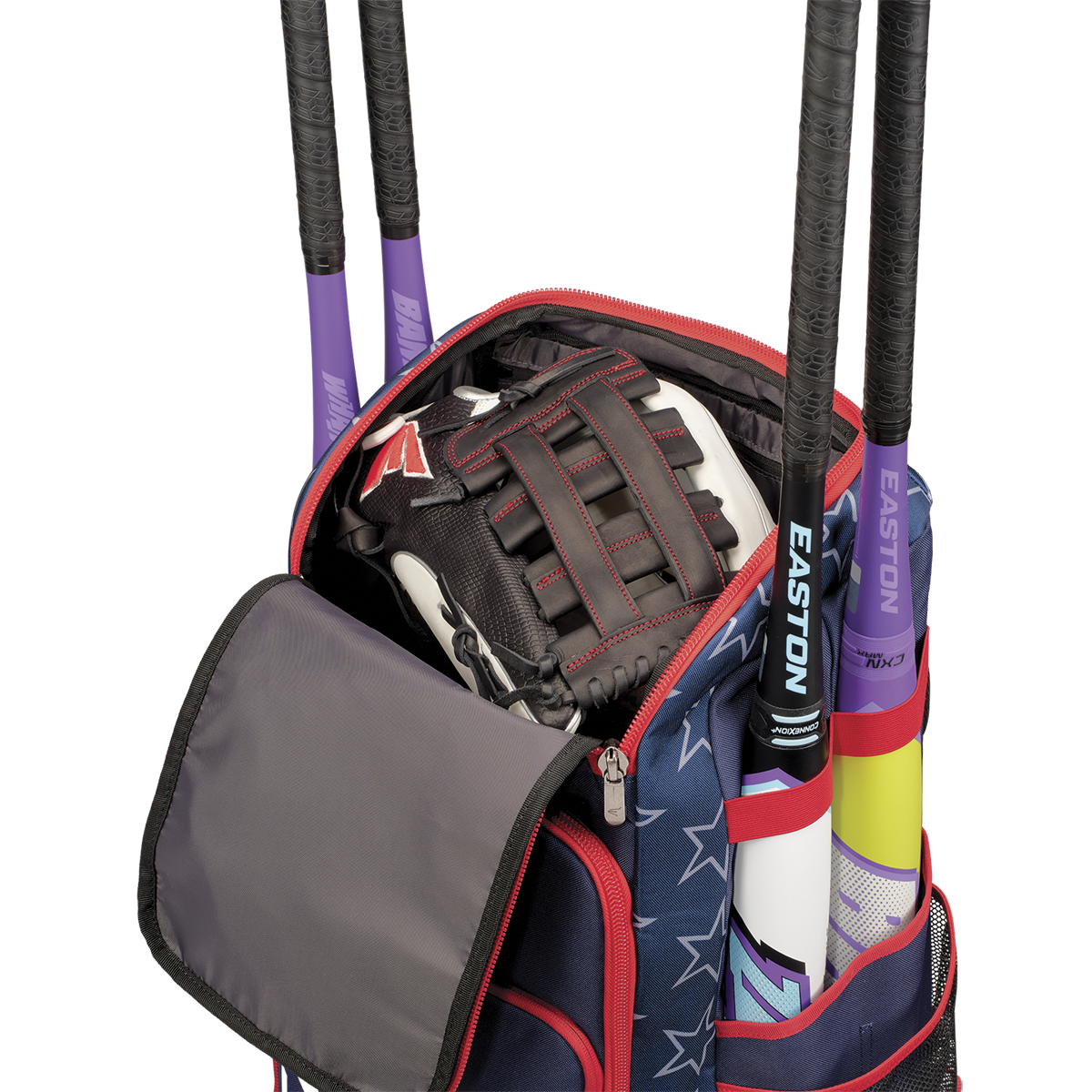 An Easton Roadhouse Backpack: EBA004 by Easton features a star pattern, holds a black glove with red stitching inside, and stores three colorful bats with black handles in exterior side sleeves. The slowpitch bag has a partially open zipper.