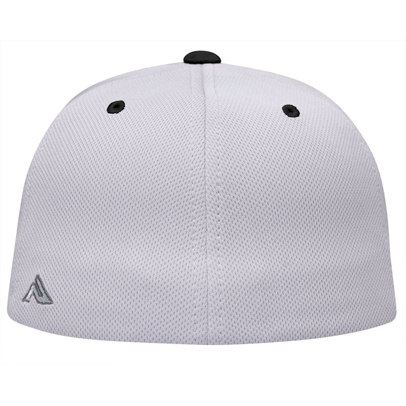 A back view of the Pacific Headwear NSA Flag Series Silver Black Flex Fit Hat (ES342-SLBK) shows white mesh, two black eyelets, and a small gray logo on the lower left. This moisture-wicking cap offers all-day comfort and breathability.