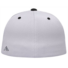 A back view of the Pacific Headwear NSA Flag Series Silver Black Flex Fit Hat (ES342-SLBK) shows white mesh, two black eyelets, and a small gray logo on the lower left. This moisture-wicking cap offers all-day comfort and breathability.