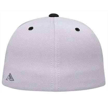 A back view of the Pacific Headwear NSA Flag Series Silver Black Flex Fit Hat (ES342-SLBK) shows white mesh, two black eyelets, and a small gray logo on the lower left. This moisture-wicking cap offers all-day comfort and breathability.