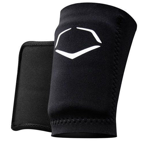 A black EvoShield Wrist Guard: A150 made of neoprene, featuring visible stitching and a white geometric logo on the front, is shown upright against a plain white background—delivering style and reliable support.