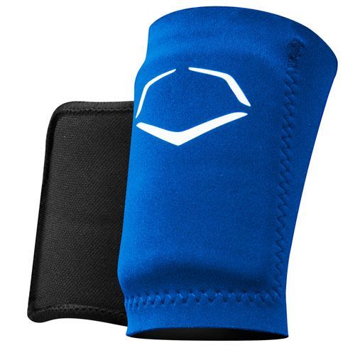 A blue fabric knee or elbow sleeve with a white angular design sits next to an EvoShield A150 black wrist guard pad, both displayed on a white background.