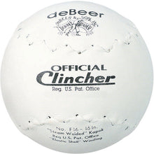 The Rawlings DeBeer Official Clincher 16" Leather Slowpitch Softball (F16) is a white ball made with Trutech leather, featuring visible stitching and printed OFFICIAL Clincher logos along with the manufacturer’s details.