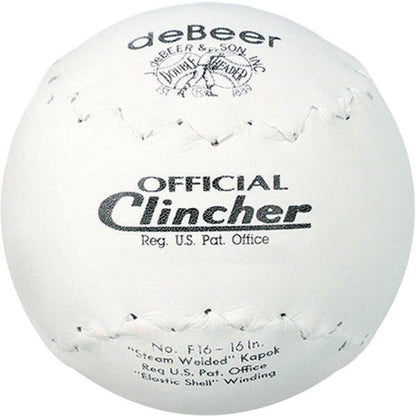 The Rawlings DeBeer Official Clincher 16" Leather Slowpitch Softball (F16) is a white ball made with Trutech leather, featuring visible stitching and printed OFFICIAL Clincher logos along with the manufacturer’s details.