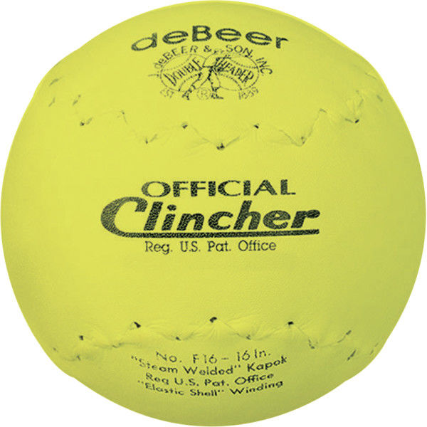 The Rawlings DeBeer Official Clincher 16" Leather Slowpitch Softball (F16) is a bright yellow ball featuring black printed branding, visible stitching, Trutech leather construction, steam-welded Kapok core, and regulation info.
