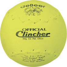 The Rawlings DeBeer Official Clincher 16" Leather Slowpitch Softball (F16) is a bright yellow ball featuring black printed branding, visible stitching, Trutech leather construction, steam-welded Kapok core, and regulation info.