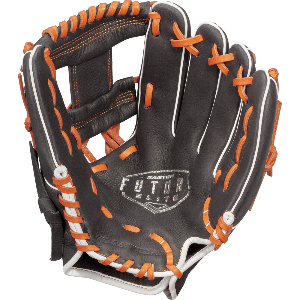 A black Easton Future Elite 11" youth baseball glove (FE11-BKOR) with orange lacing and white accents is open, showing its detailed stitching and design—ideal for young players. Easton FUTURE ELITE is printed on the palm.