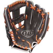 A black Easton Future Elite 11" youth baseball glove (FE11-BKOR) with orange lacing and white accents is open, showing its detailed stitching and design—ideal for young players. Easton FUTURE ELITE is printed on the palm.