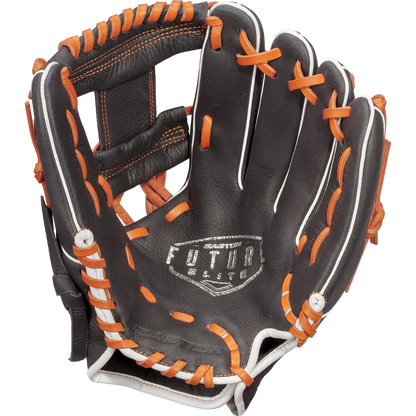 A black Easton Future Elite 11" youth baseball glove (FE11-BKOR) with orange lacing and white accents is open, showing its detailed stitching and design—ideal for young players. Easton FUTURE ELITE is printed on the palm.