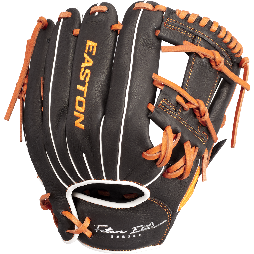 The Easton Future Elite 11" Baseball Glove (FE11-BKOR) is a black youth glove with orange laces and white stitching, featuring EASTON in yellow on the back and "Future Elite Series" in white near the wrist strap.