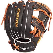 The Easton Future Elite 11" Baseball Glove (FE11-BKOR) is a black youth glove with orange laces and white stitching, featuring EASTON in yellow on the back and "Future Elite Series" in white near the wrist strap.