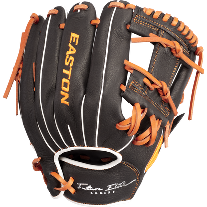 The Easton Future Elite 11" Baseball Glove (FE11-BKOR) is a black youth glove with orange laces and white stitching, featuring EASTON in yellow on the back and "Future Elite Series" in white near the wrist strap.