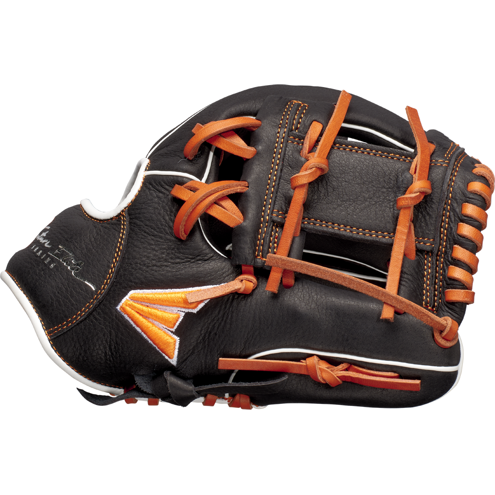 The Easton Future Elite 11" Baseball Glove (FE11-BKOR) features a black design with brown laces and orange accents, detailed stitching, and a partially closed webbing. Brand: Easton. Shown against a plain white background.