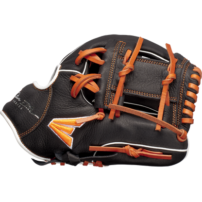The Easton Future Elite 11" Baseball Glove (FE11-BKOR) features a black design with brown laces and orange accents, detailed stitching, and a partially closed webbing. Brand: Easton. Shown against a plain white background.