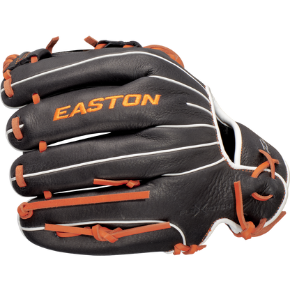 The Easton Future Elite 11" Baseball Glove (FE11-BKOR) features a black exterior with orange laces, white stitching, and "EASTON" embroidered in orange on the back, showcasing its bold design and brand.