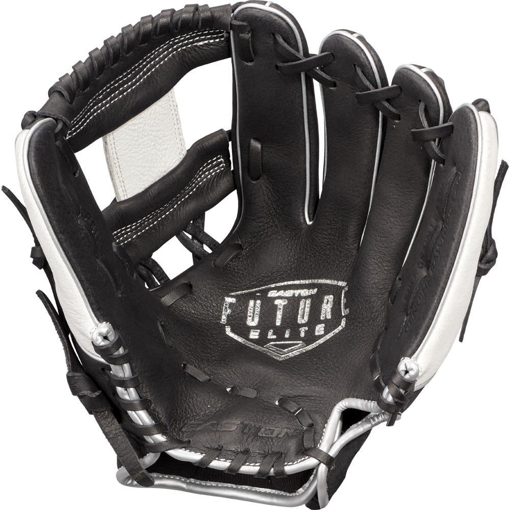 The Easton Future Elite 11" Baseball Glove (FE11-BKWH) features a black design with white stitching and accents, plus "FUTURA ELITE" printed in white on the palm—ideal for youth players seeking style and performance.