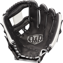 The Easton Future Elite 11" Baseball Glove (FE11-BKWH) features a black design with white stitching and accents, plus "FUTURA ELITE" printed in white on the palm—ideal for youth players seeking style and performance.