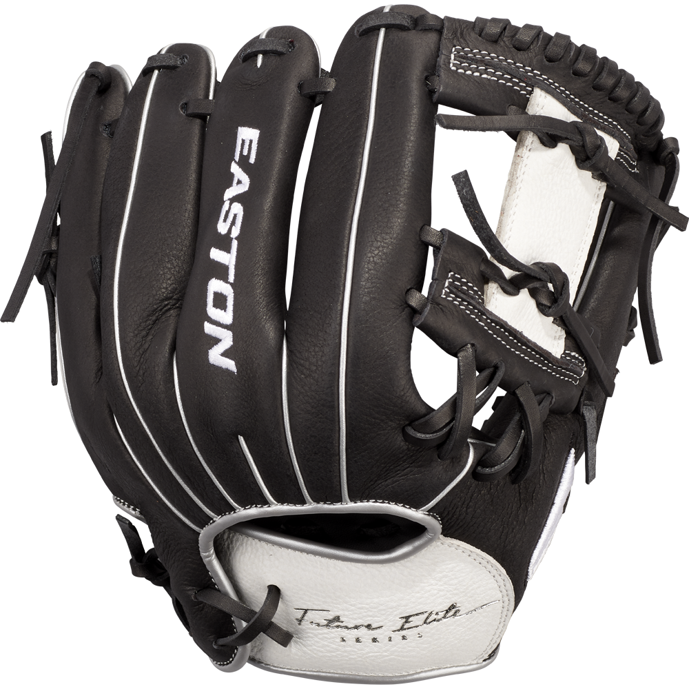 The Easton Future Elite 11" Baseball Glove (FE11-BKWH) is a black and white youth glove with white stitching and laces, the Easton logo, and "Team Elite Series" on the wrist.